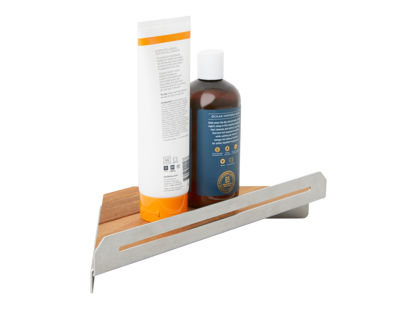 Floating Corner Shower Shelf with a Natural Teak Wood Insert Seachrome